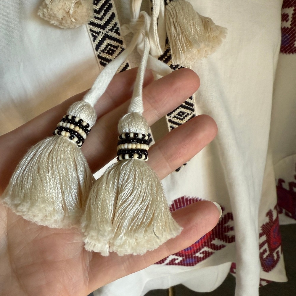 Johanna Ortiz Bushveld Poncho Embroidered Fabric Tassels Cream Size M - Picture 6 of 10